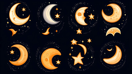Celestial moon phases, stars, night sky; design elements for cards, posters, or websites
