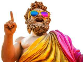Gold stone statue of Zeus wear colorful sunglasses, pointing index finger