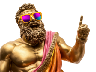 Gold stone statue of Zeus wear colorful sunglasses, pointing index finger