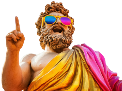 Gold stone statue of Zeus wear colorful sunglasses, pointing index finger