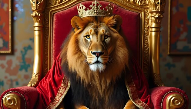 Majestic Lion King on Golden Throne Red Velvet