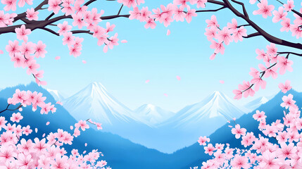 Cherry blossoms frame snowy mountain view; spring landscape, serene nature scene; ideal for travel, nature, or spring themed designs