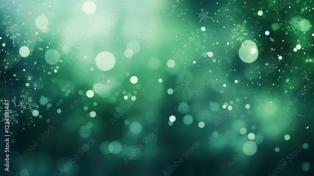 Poster serene green bokeh background with snowflakes creating a dreamy atmosphere of winter chaos and tranq