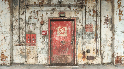 Rusty red door in weathered industrial building