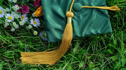 Green graduation cap with golden tassel, lying on grass next to wildflowers.