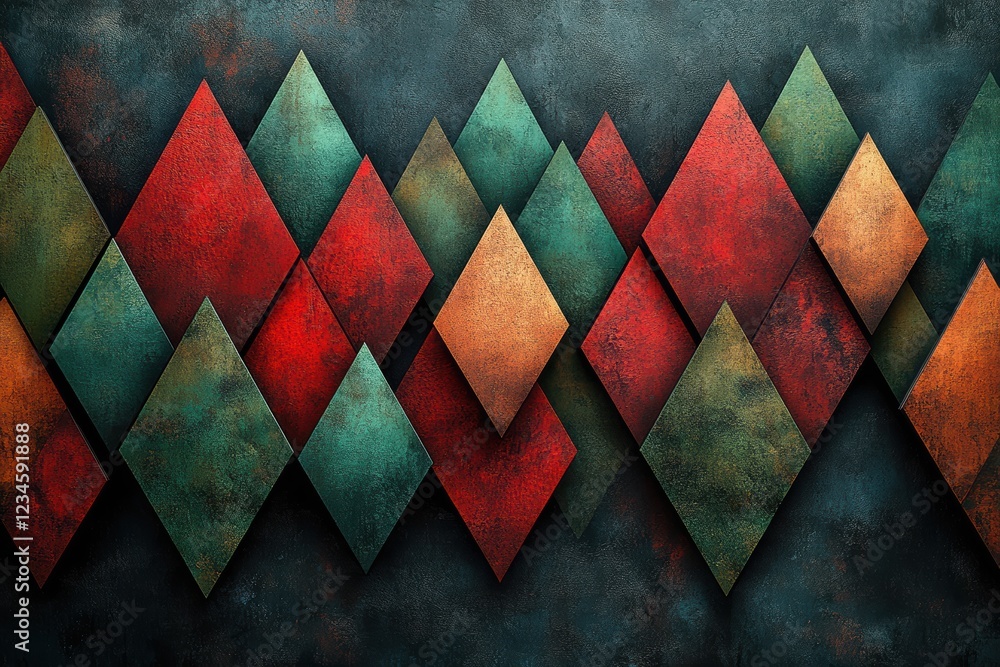 Poster geometric arrangement of red and green triangles creating a vibrant abstract design