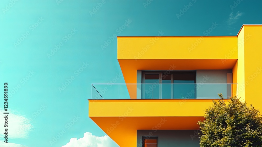 Poster charming yellow building with a spacious balcony surrounded by lush green tree evoking a warm and in