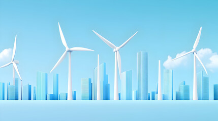City skyline with wind turbines; clean energy concept; clear sky background; sustainable urban development illustration