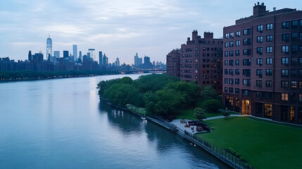 Naklejka premium Cityscape twilight riverfront apartments. Manhattan skyline background. Real estate marketing