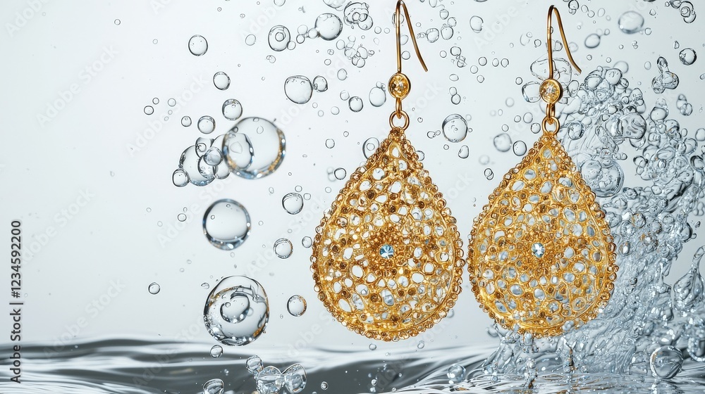Poster elegant golden earrings with intricate design submerged in water with bubbles creating a stunning vi