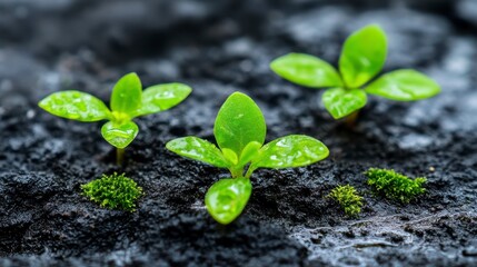 Naklejka premium Fresh Green Seedlings Growing on Dark Stones with Texture and Moisture