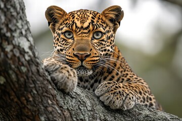 Obraz premium Leopard watches intently from a tree as it stalks its prey in the wild