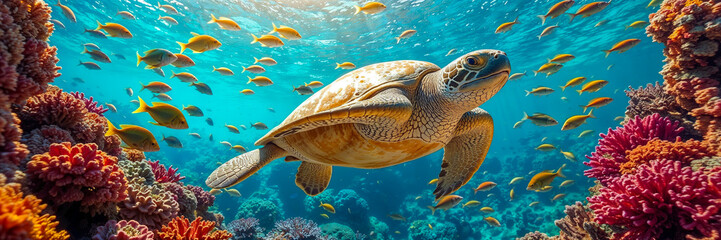 Obraz premium A vibrant coral reef, featuring a large green sea turtle swimming amidst colorful fish, sunlight illuminating the scene