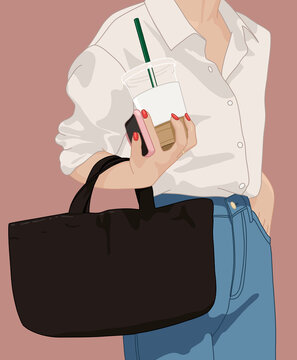 Stylish Woman with  Big tote bag and Coffee