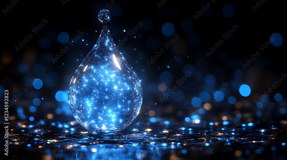 Poster a glowing water drop with blue lights inside and bokeh background with reflection on ground