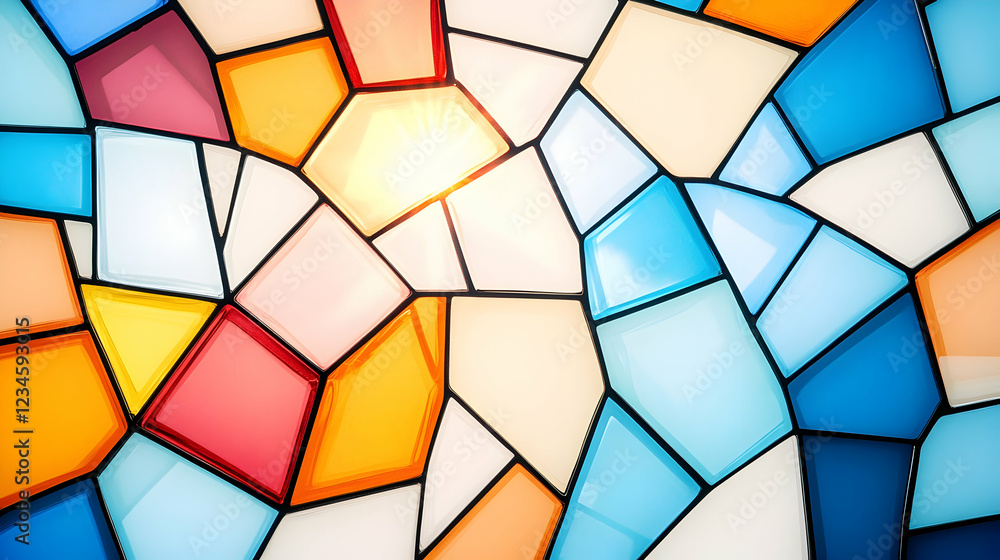 Poster colorful abstract stained glass window design; light shines through; background texture; website or 