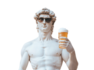 Statue with beard, marble, wearing rayban wayfarer, having a beer, smiling