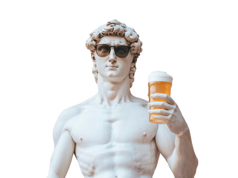 Statue with beard, marble, wearing rayban wayfarer, having a beer, smiling