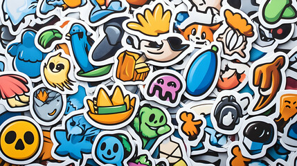 Obraz premium Colorful cartoon stickers collection; flat lay background; diverse characters; ideal for social media or website design