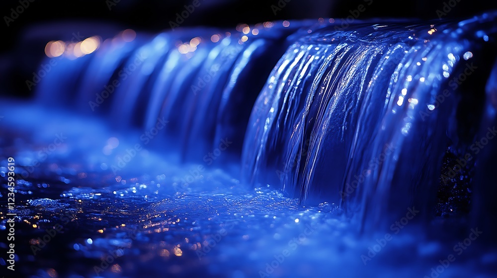 Poster abstract blue waterfall with bokeh lights in dark background, creating a tranquil atmosphere