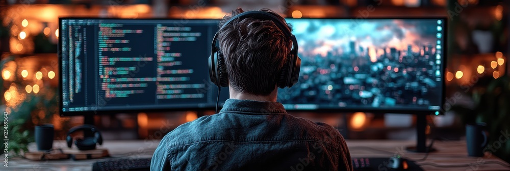 Poster programmer working intently with headphones in a modern dual monitor setup at night