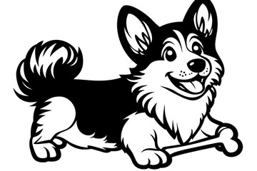 Fototapeta premium Happy Corgi puppy playing with bone, white background, pet illustration
