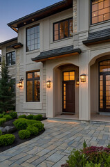 Luxury Home Exterior at Dusk: Modern Architectural Design and Landscaping