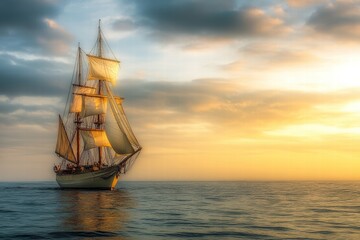 Obraz premium Sailing yacht gliding through tranquil waters at sunset creating a romantic atmosphere
