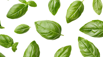 Fototapeta premium Flying or falling fresh basil leaves on transparent PNG or white background. seasoning herb leaves, cooking spices.