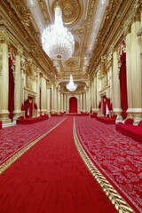 Luxurious Royal Interior with Red Carpet and Elegant Chandeliers