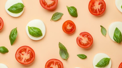 Artistic layout of Caprese components: mozzarella slices, basil sprigs, and tomato halves on a beige surface, banner design