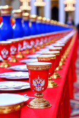 Ornate Red and Blue Goblets on Long Table at Lavish Banquet Setting