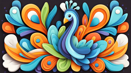 Obraz premium Colorful peacock illustration, vibrant floral design, dark background, decorative art for print