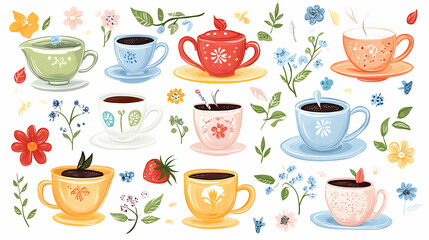 Colorful teacups and flowers, spring beverage collection, white background, ideal for websites, blogs, and social media