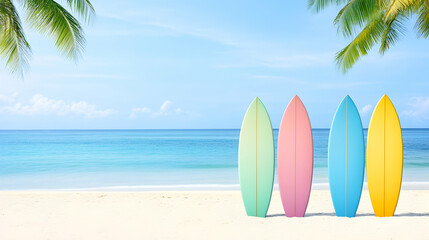 Colorful surfboards on tropical beach; ocean background; summer vacation travel