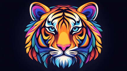 Colorful tiger head portrait, vibrant art, dark background, nature theme, for print or web design