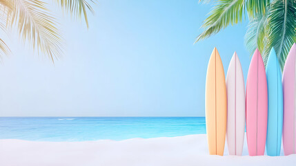 Colorful surfboards on tropical beach, ocean background, summer vacation concept