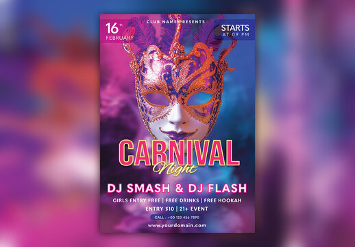 Editable Carnival Night Party Flyer or Poster Template with Realistic Feather Mask in Blue and Purple Color.
