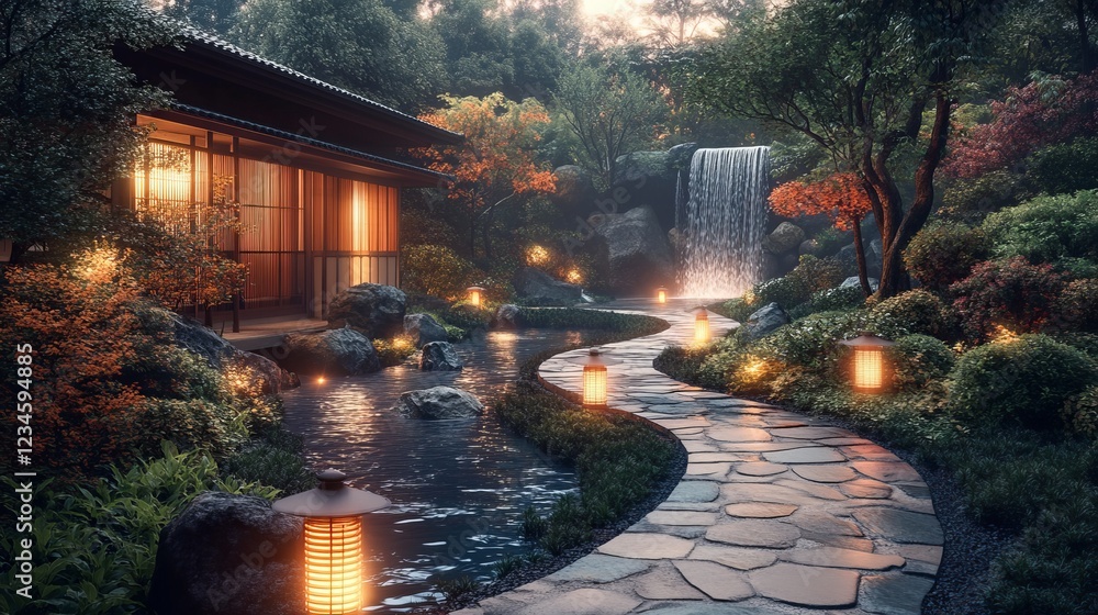 Poster tranquil scene of a serene small waterfall cascading over rocks surrounded by lush greenery in a pea