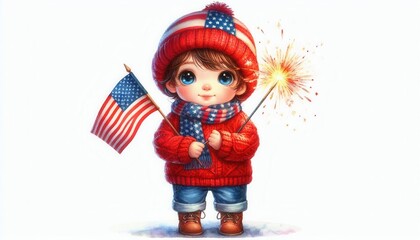 Celebrating independence day with a child holding flags and sparklers festive atmosphere usa