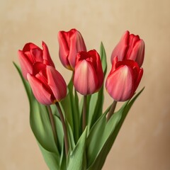Fototapeta premium Beautiful bouquet of red tulips arranged gracefully in a simple vase against a soft, neutral background