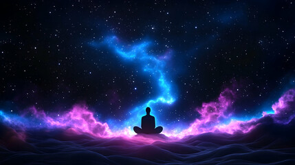 Cosmic Meditation Serene figure meditating amidst nebula, starscape background. Ideal for mindfulness, spirituality