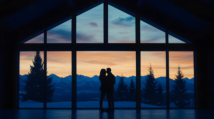 Fototapeta premium Couple silhouetted against sunset mountain view from large window in modern home