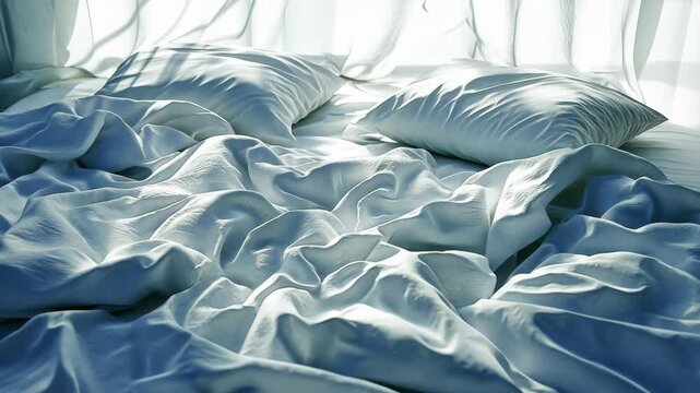 Soft, rumpled bedding illuminated by morning light in a serene bedroom setting