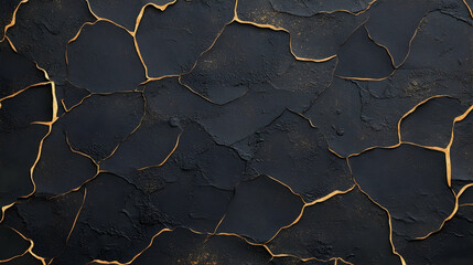 Cracked dark texture, gold veins, abstract background; design, decor