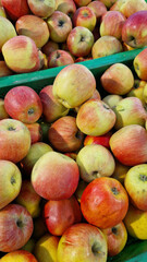 Apples for sale in a supermarket. Ripe juicy apples close-up with selective focus. Fruits. A pile of apples for sale in a store. A variety of fresh apples on a supermarket counter