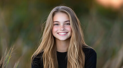 Happy teen girl portrait, outdoors, nature background, for website