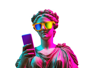 Pop art collage, photo of a greek classicist sculpture of a woman wearing colored glasses and holding a modern mobile phone