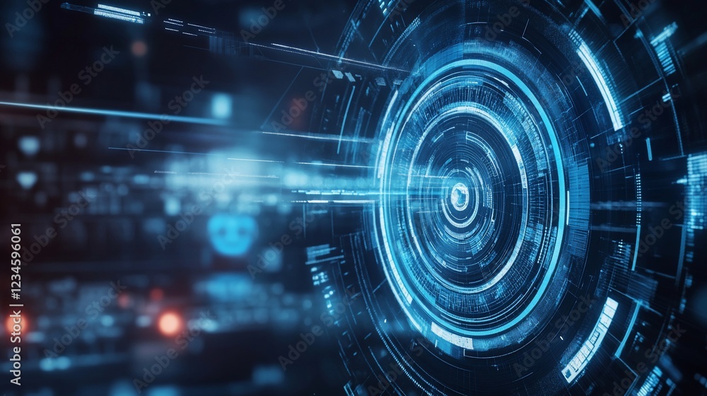 Poster abstract glowing blue circle with data streams and digital information flow