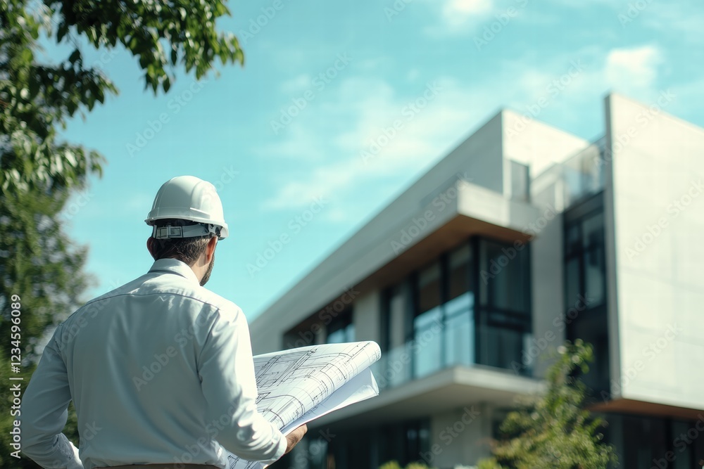 Poster architect inspecting blueprints with modern building in the background during daylight